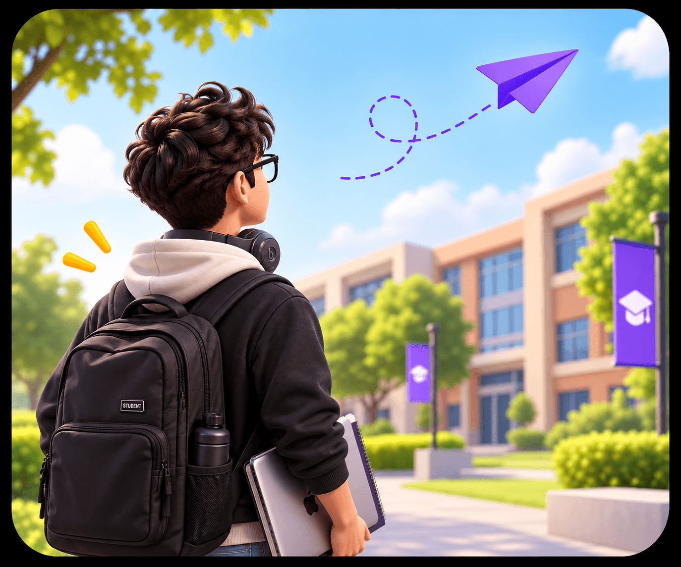 Student walking toward campus with books